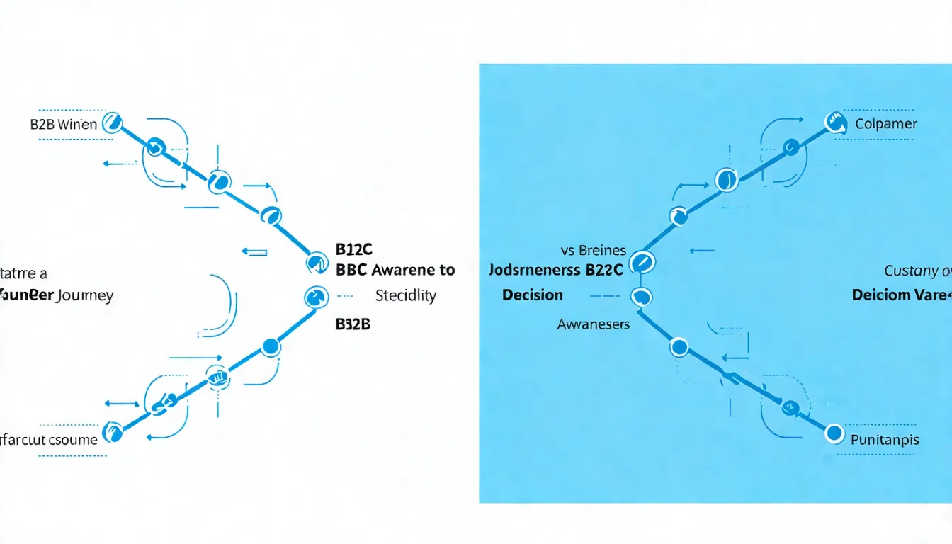 B2B 與 B2C 商業模式比較圖，對比企業客戶與消費者在決策流程、購買動機上的差異