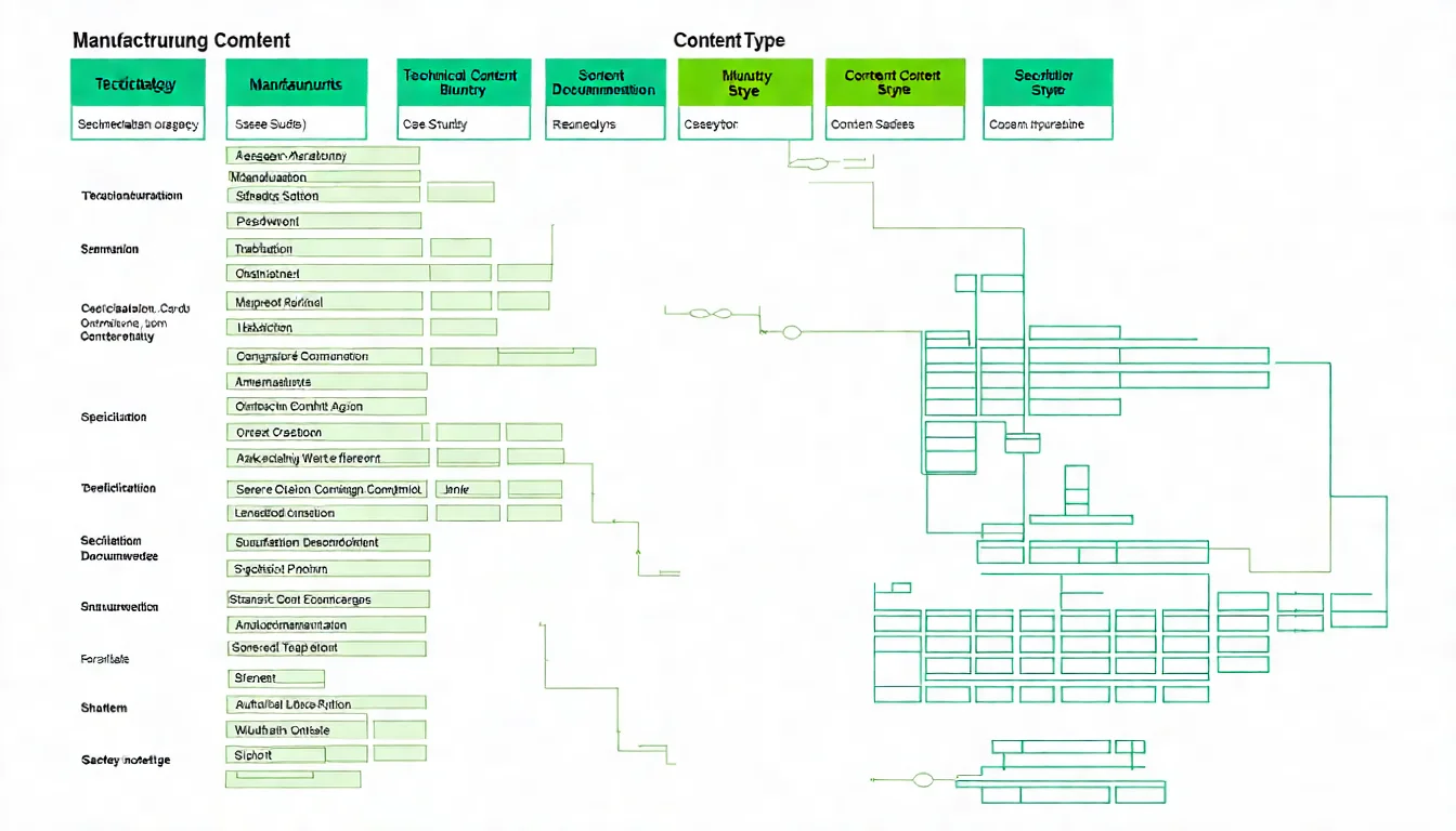 製造業產品目錄架構圖，展示材料、製程、應用產業等多維度分類方式