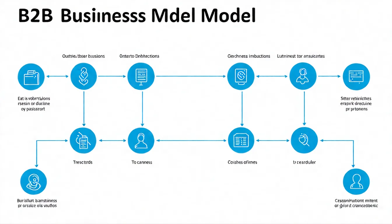 B2B 商業模式示意圖，展示企業對企業交易的運作方式，呈現採購流程和多人決策特點