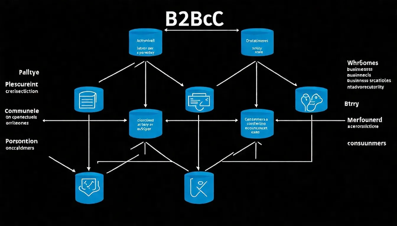 B2B2C 商業模式示意圖，展示平台如何連接企業客戶（B端）和最終消費者（C端）