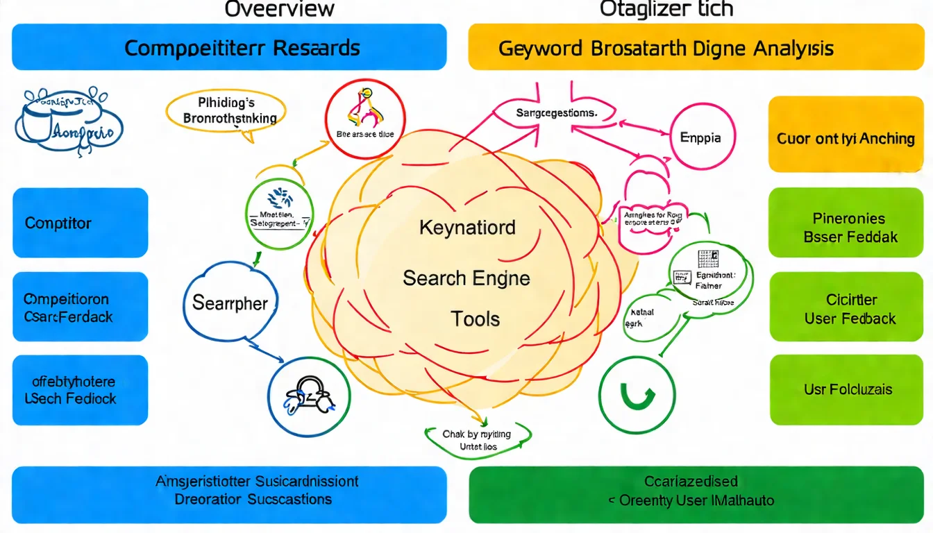五種找關鍵字方法總覽圖，以圖示呈現從自身出發、Google 建議、競爭對手分析、關鍵字工具、使用者聲音五大方法
