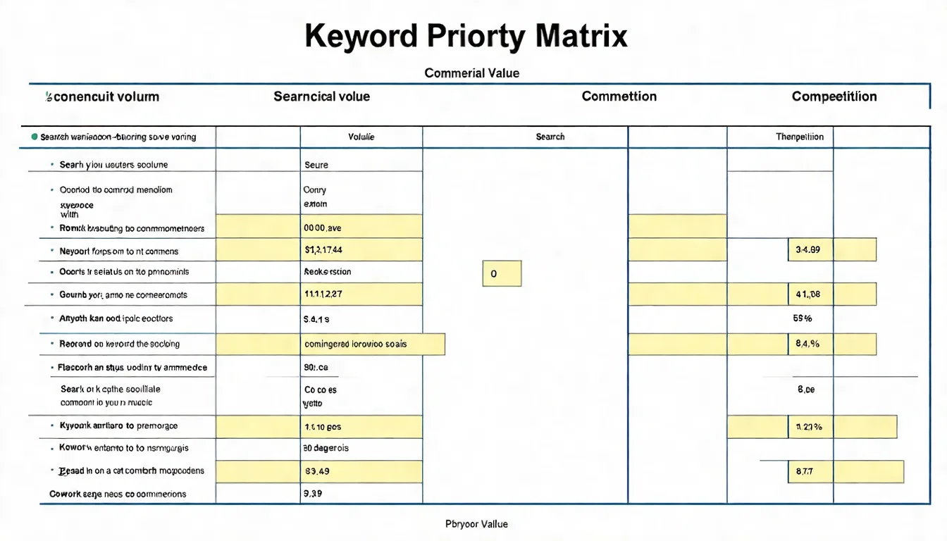 關鍵字優先順序評分系統示意圖，展示搜尋量、競爭度、商業價值、意圖匹配四個指標的加權計算方式