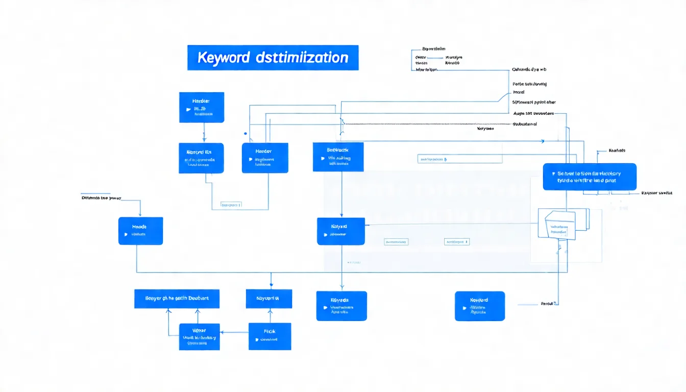 關鍵字優化概念示意圖，展示關鍵字在網頁中的重要布局位置，包含 Title、H1、內文、Meta Description 等區塊