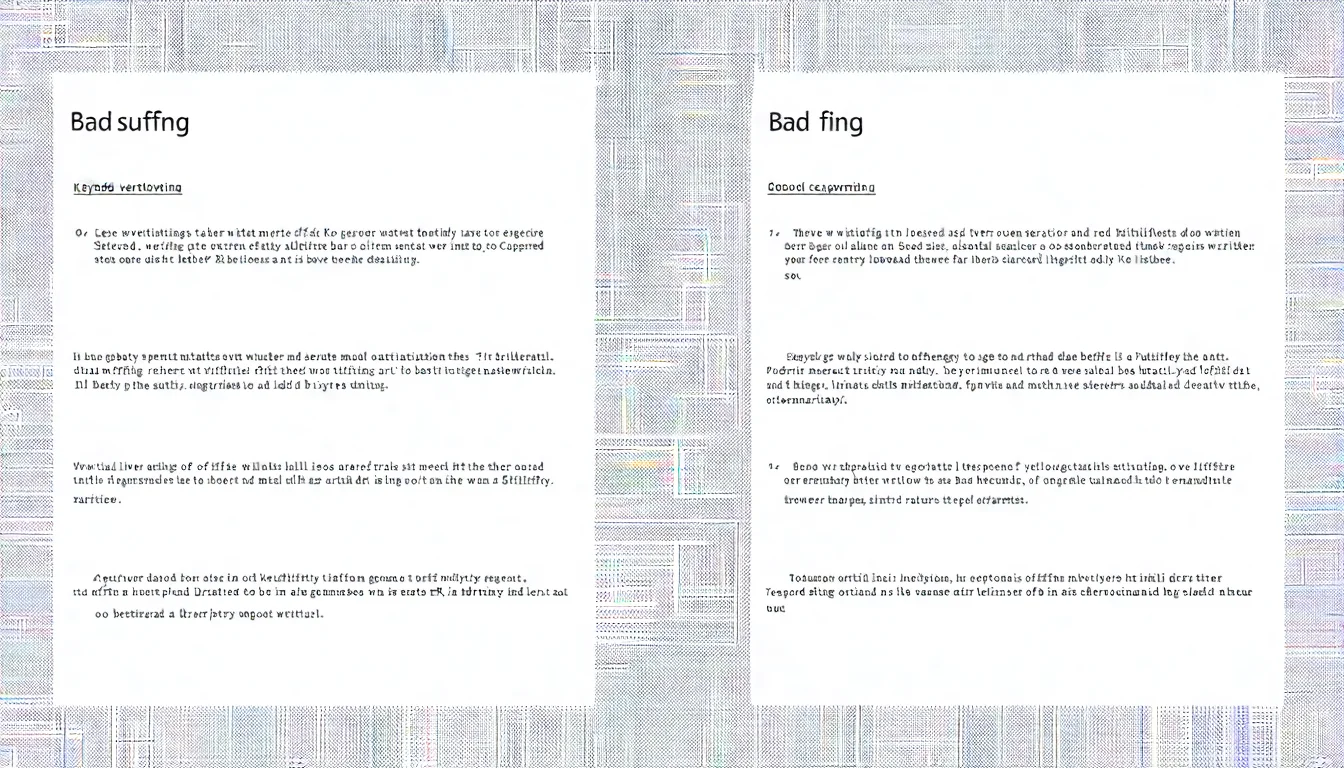 關鍵字堆砌 vs 自然寫作對比範例圖，左側展示堆砌的錯誤寫法，右側展示自然流暢的正確寫法
