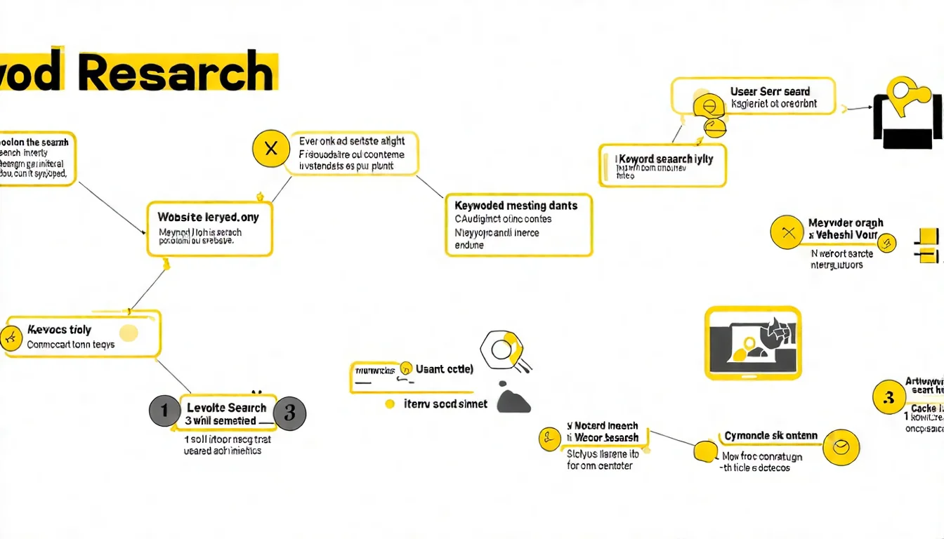 關鍵字研究概念圖，展示從使用者搜尋行為、關鍵字選擇到內容排名的完整流程