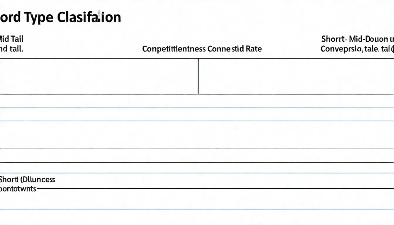 關鍵字類型分類圖，展示短尾、中尾、長尾關鍵字的特徵差異，以及品牌/非品牌、商業/資訊意圖的分類