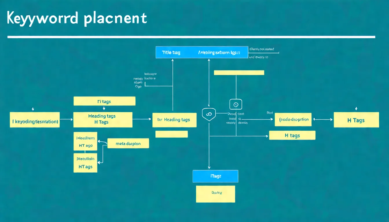 關鍵字布局位置示意圖，展示 Title、H1、內文、Meta Description 等位置的關鍵字配置建議