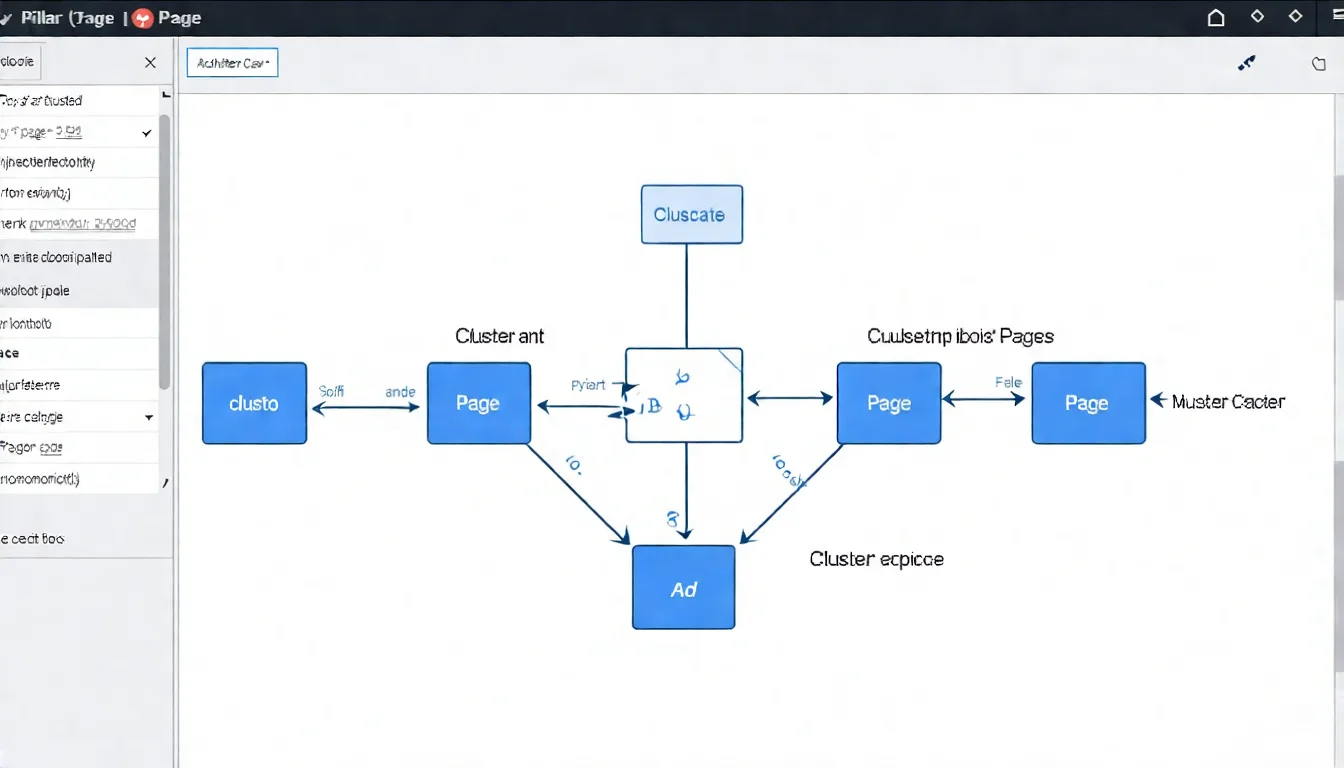 主題群組 Topic Cluster 架構圖，展示核心頁面與衛星文章的連結關係和內容網絡結構