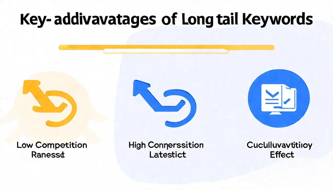 長尾關鍵字三大優勢比較圖，展示競爭較低容易排名、轉換率較高、累積效果可觀三個核心優勢