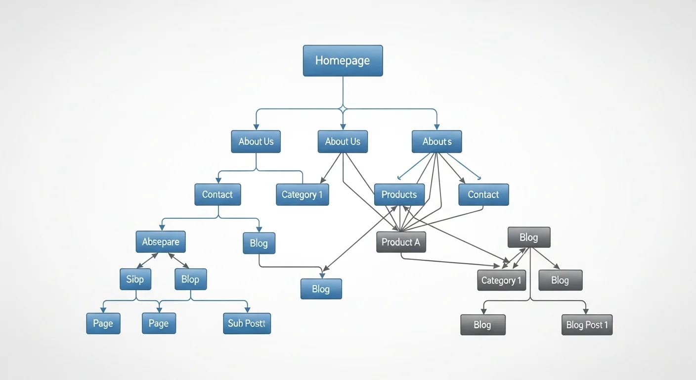 內部連結網絡架構圖，展示網站首頁、分類頁、文章頁之間的連結關係，呈現蜘蛛網狀的互連結構