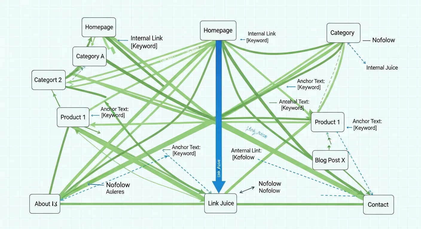 Link Juice 權重傳遞示意圖，用水流或液體的比喻展示權重如何從高權重頁面流向低權重頁面