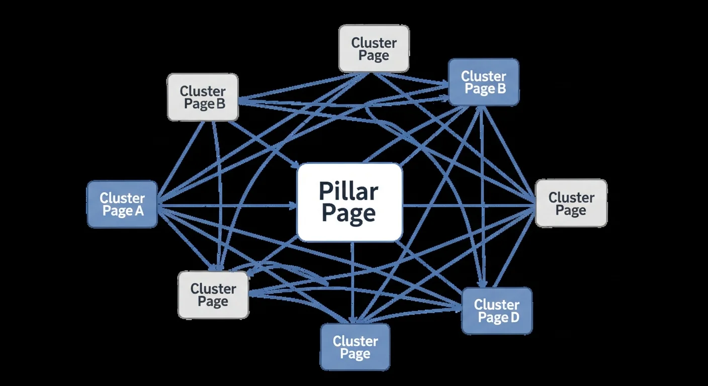 Topic Cluster 主題群集架構圖，展示核心頁面（Pillar Page）與衛星文章之間的連結關係