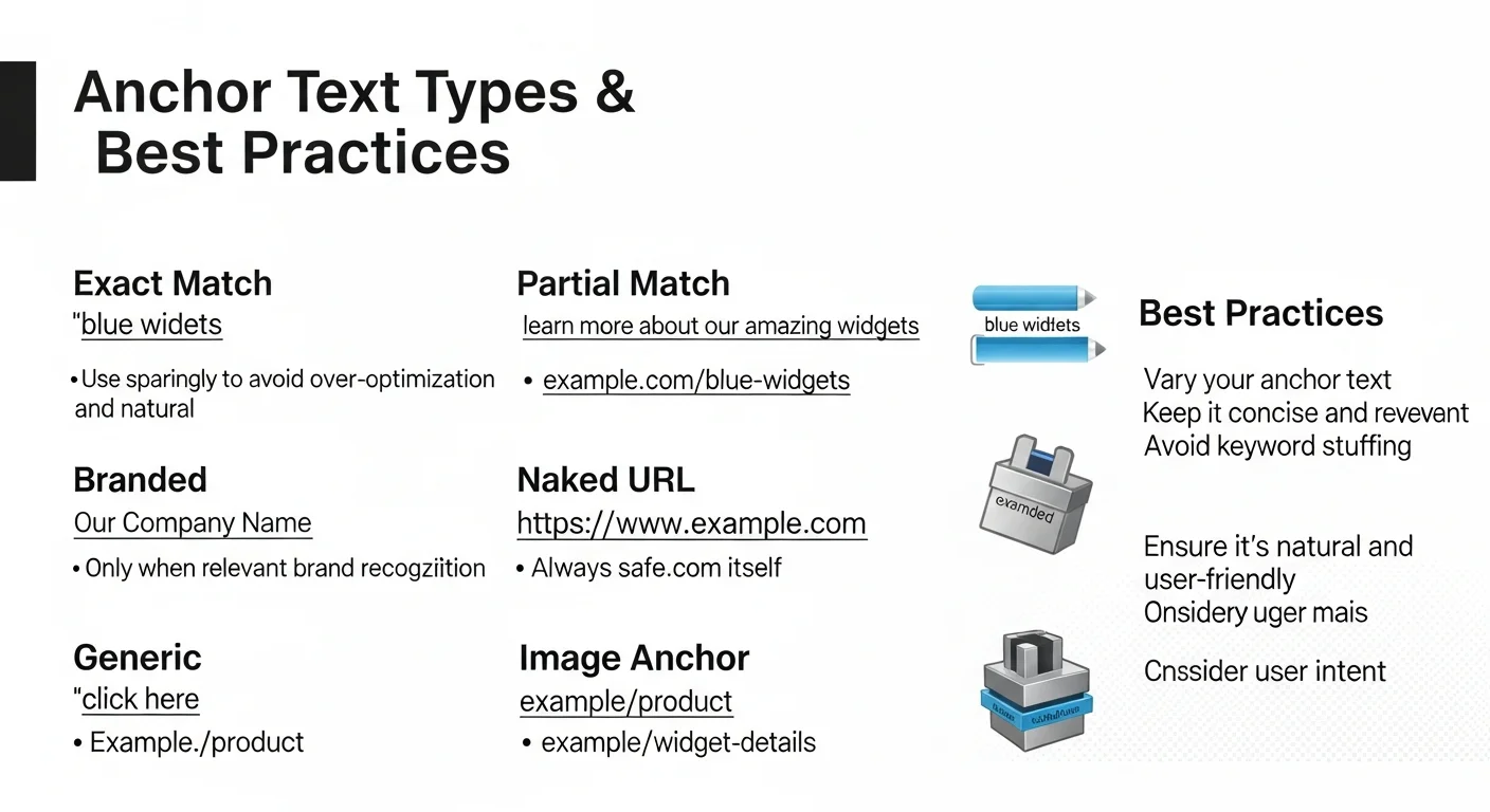 錨文字類型比較圖，展示精確匹配、部分匹配、品牌、泛型錨文字的範例和建議使用比例