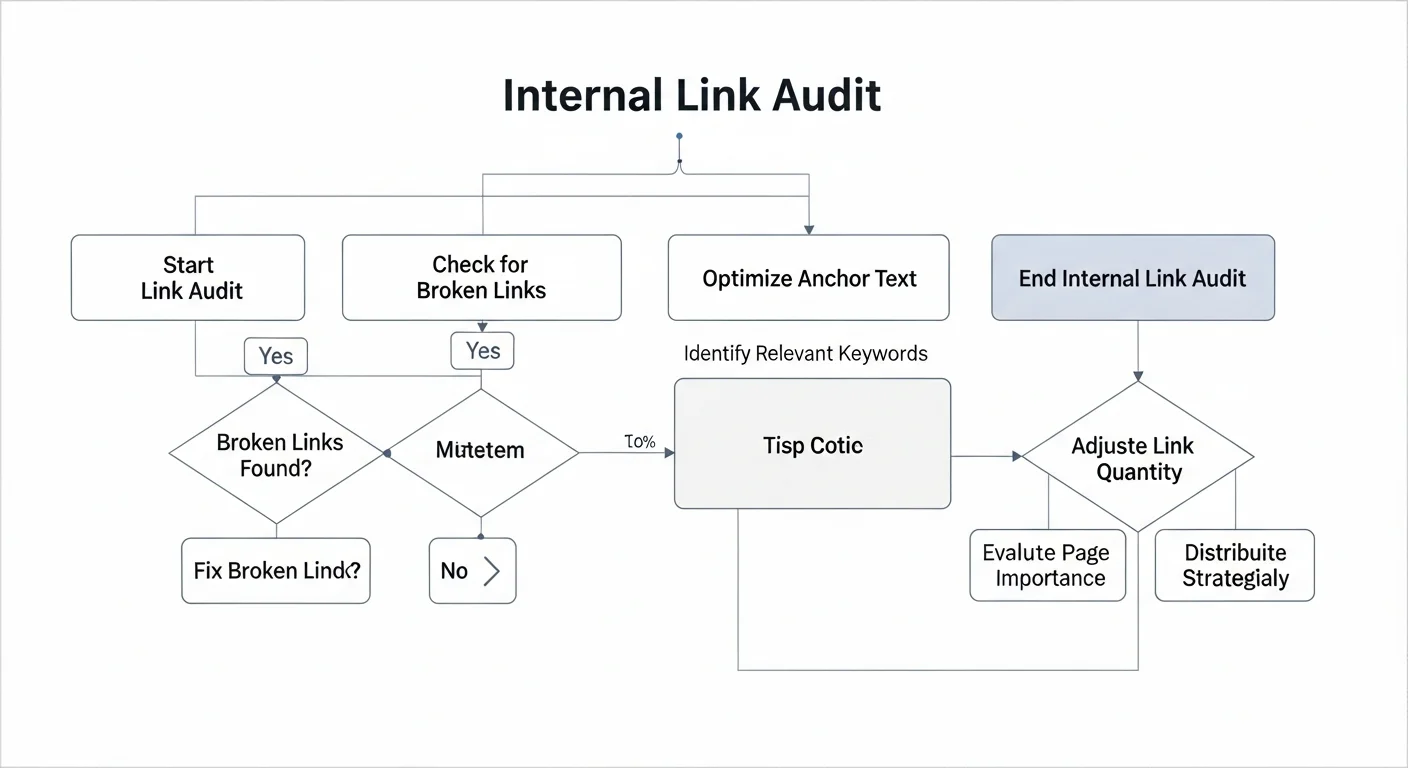 內部連結審核流程圖，展示找出孤立頁面、修復斷裂連結、優化連結深度的檢查步驟