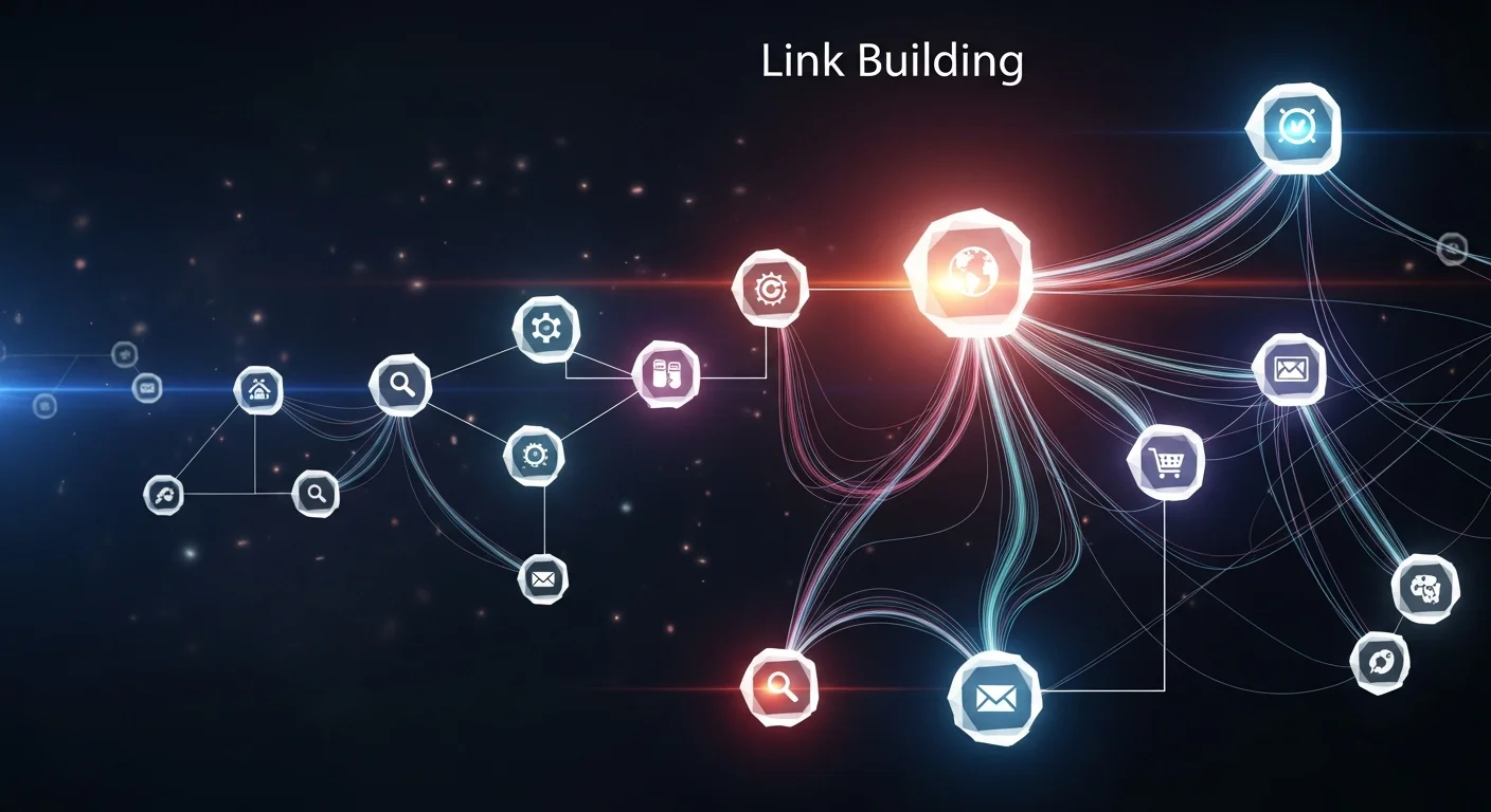 連結建設概念圖，展示多個網站之間的連結關係網絡，高權威網站指向目標網站的連結投票視覺化