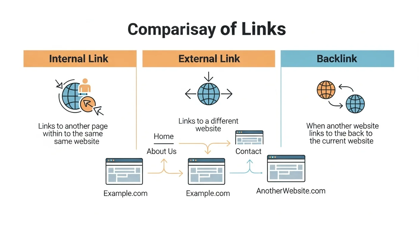 連結類型比較圖，展示反向連結、外部連結、內部連結的定義和關係，用箭頭方向區分