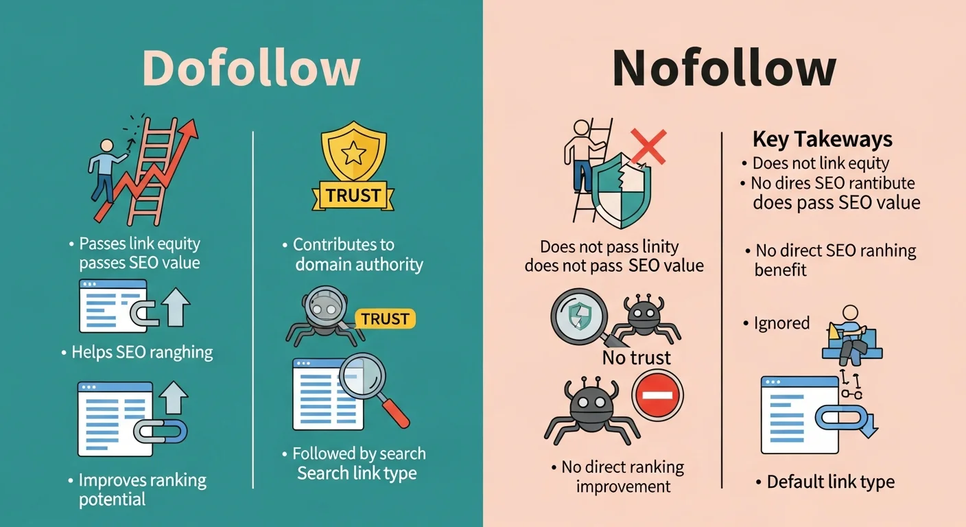 Dofollow 與 Nofollow 連結比較圖，展示兩種連結的差異、代碼表示和 SEO 影響