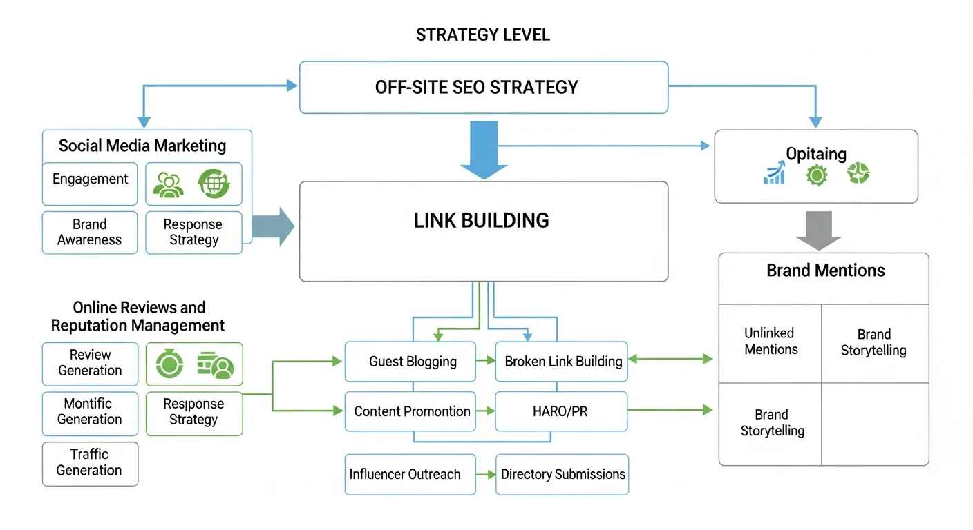 站外 SEO 核心策略圖，展示連結建設、社群經營、品牌建設、口碑管理四大策略的關係
