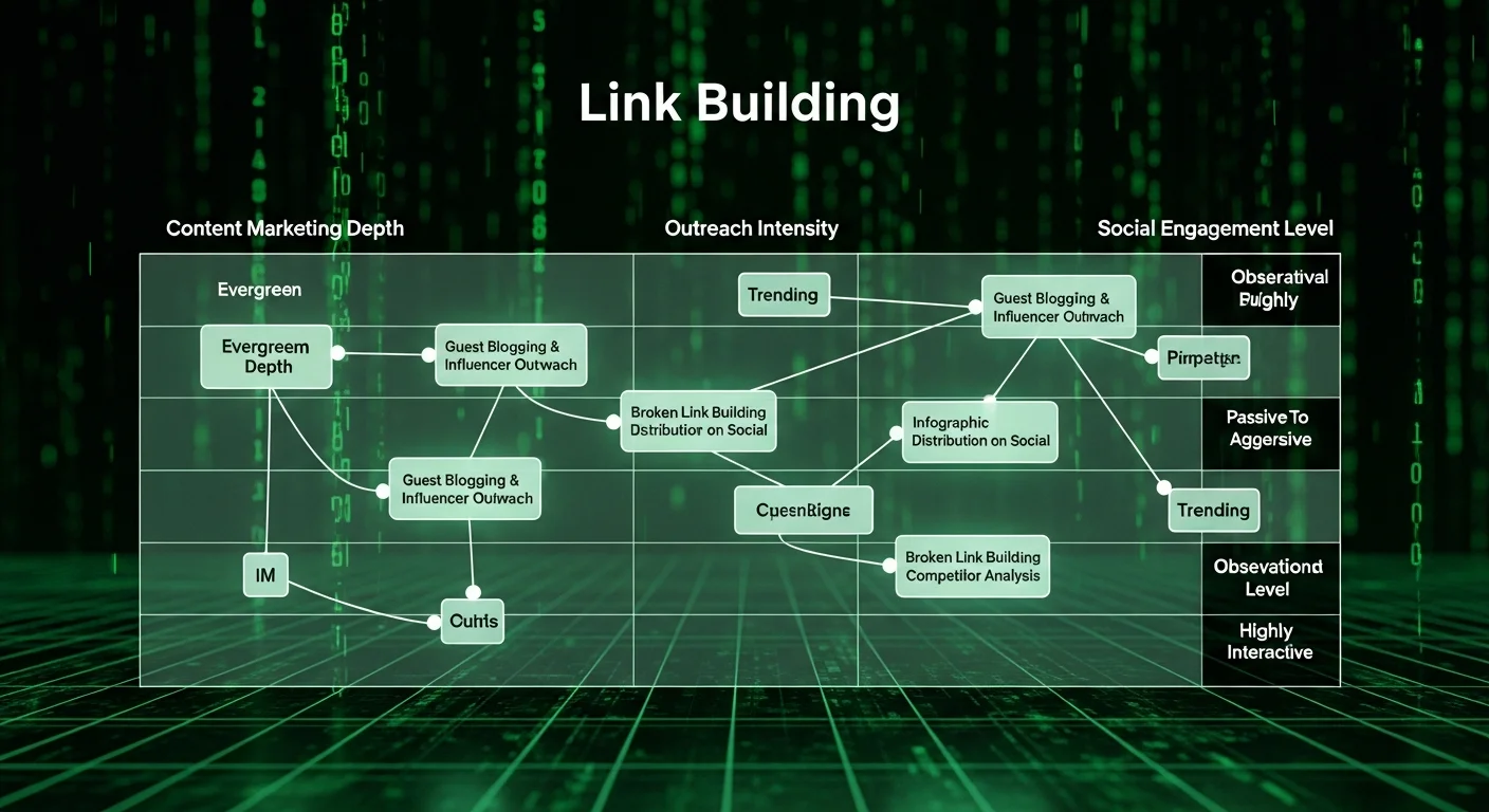 連結建設策略圖，展示內容行銷、客座文章、壞連結建設、競爭分析等主要策略