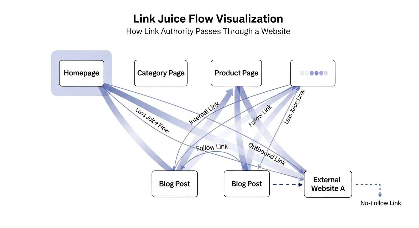Link Juice 傳遞原理圖，展示權重如何從首頁透過連結流向分類頁和文章頁