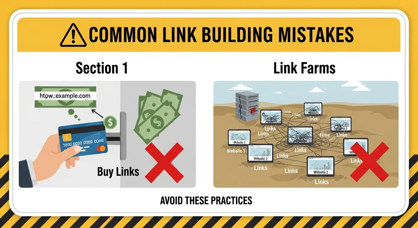 連結建設常見錯誤警示圖，展示購買連結、過度優化錨文字、忽略相關性等錯誤的風險