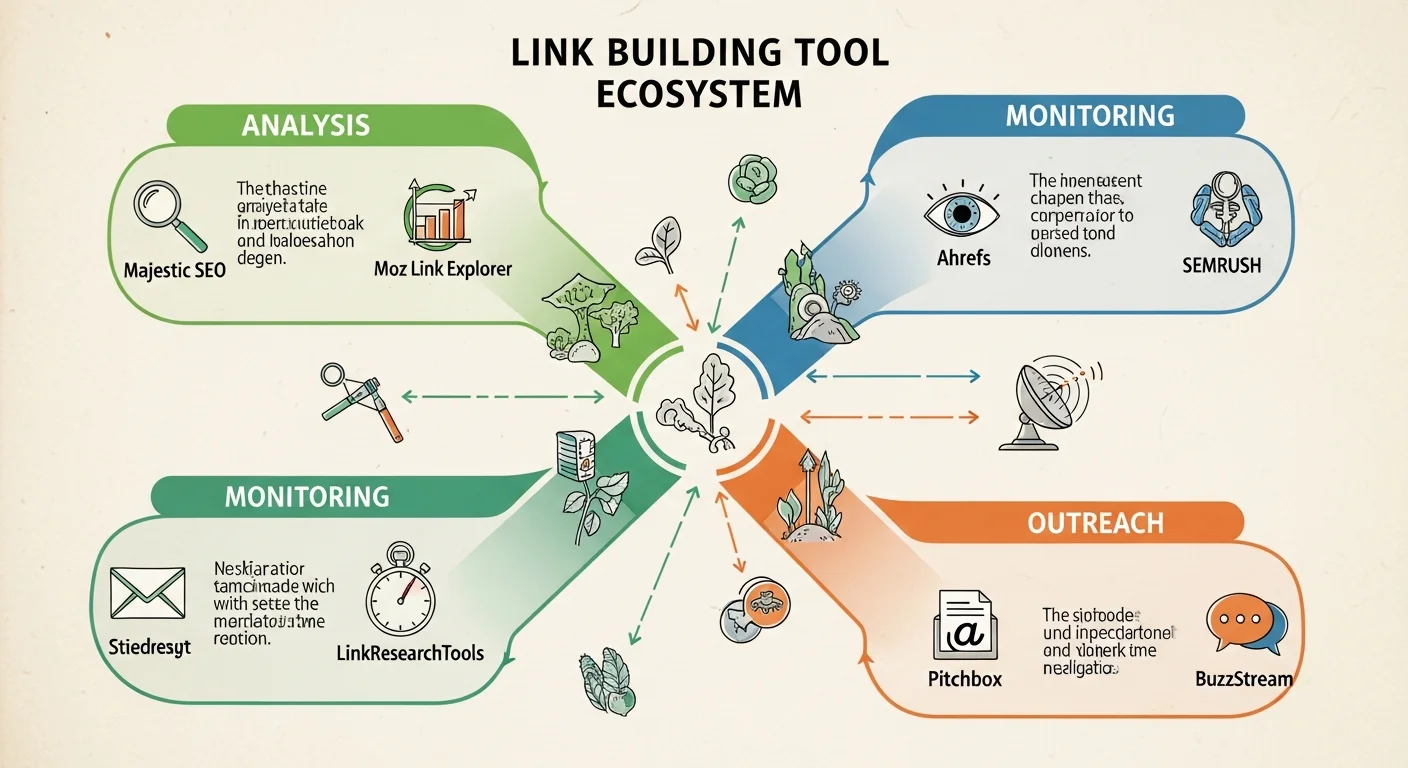 連結建設工具展示圖，展示 Ahrefs、Moz、SEMrush、Google Search Console 等主流工具的介面或 logo