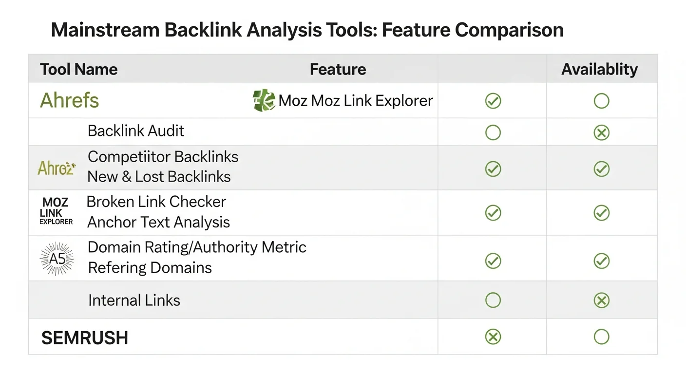 連結分析工具功能比較圖，對比 Ahrefs、Moz、SEMrush 在資料庫、功能、價格等面向的差異