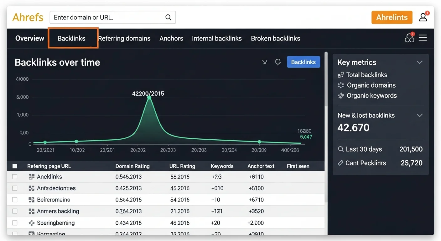 Ahrefs Site Explorer 介面示意圖，展示反向連結分析報告的主要數據呈現方式