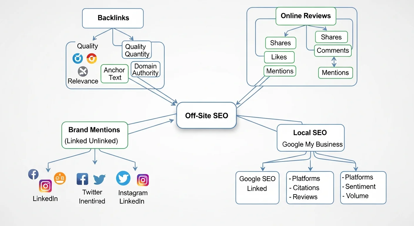 站外 SEO 概念圖，展示網站與外部因素（連結、社群、品牌、口碑）的關係網絡
