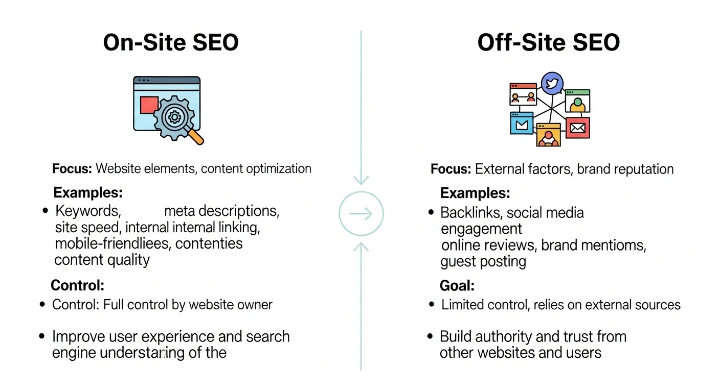 站內 SEO vs 站外 SEO 比較圖，對比兩者的優化範圍、主要元素和控制程度