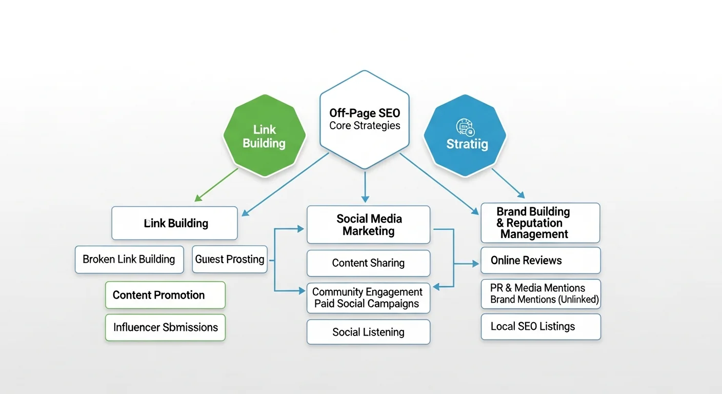 站外 SEO 四大核心策略圖，展示連結建設、社群經營、品牌建設、數位 PR 的關係和重要性