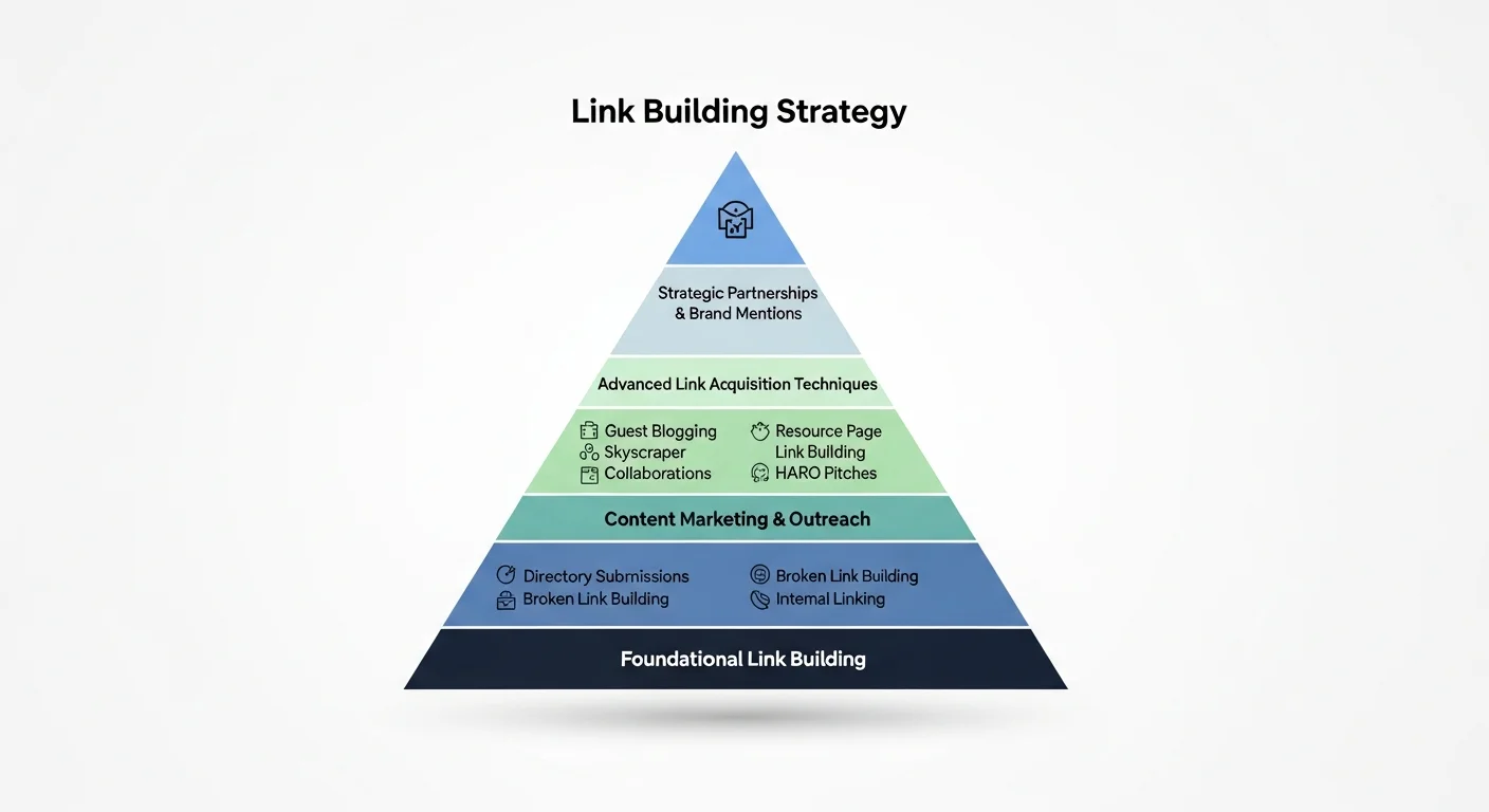 連結建設方法圖，展示內容行銷、客座文章、壞連結建設、競爭分析等獲取連結的主要方法