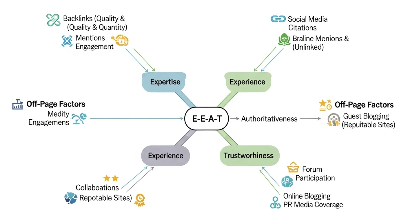E-E-A-T 框架圖，展示經驗、專業、權威、可信四大要素的關係和評估方式