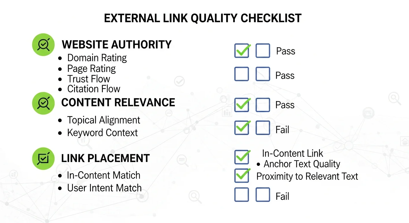 連結品質評估標準圖，展示 DA/DR、相關性、自然度、錨文字等品質判斷指標