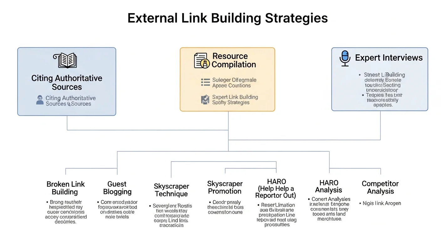 外部連結建設方法圖，展示內容行銷、資源頁面、合作夥伴、產業目錄等建設方法