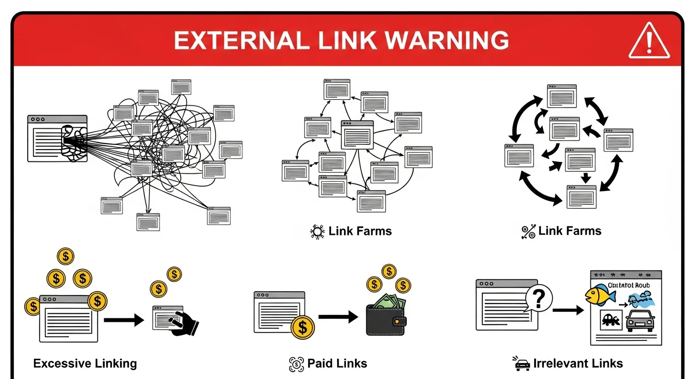 連結建設錯誤警示圖，展示購買連結、連結交換、PBN、垃圾連結等應避免的做法