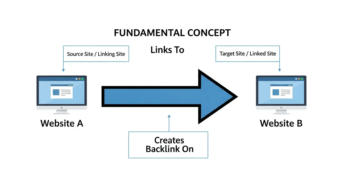 反向連結基本概念圖，展示 A 網站連結到 B 網站的簡單示意，並標註這對 B 來說是「反向連結」