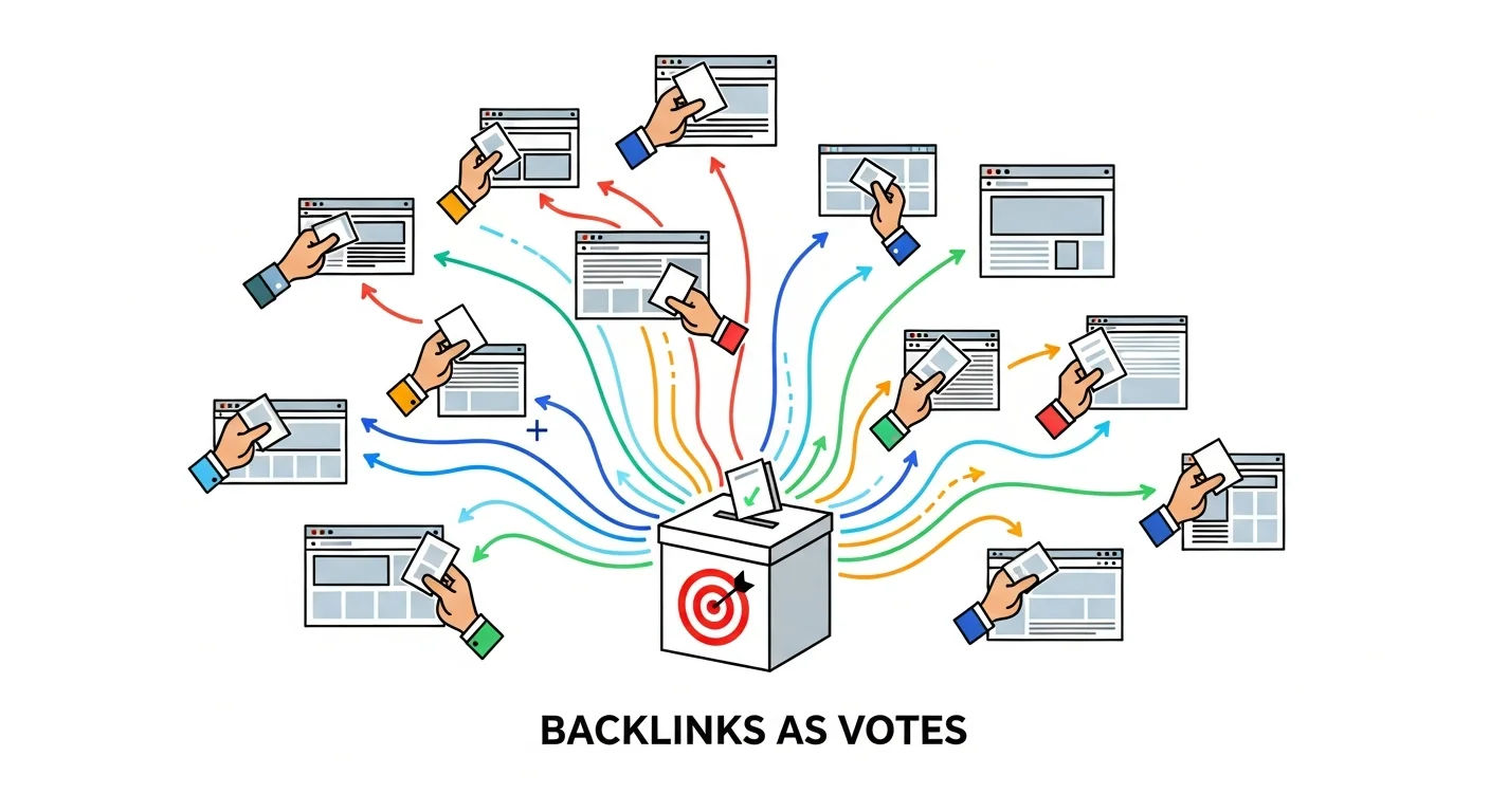 反向連結如同投票的概念圖，展示多個網站連結到目標網站，每個連結代表一票的視覺化呈現