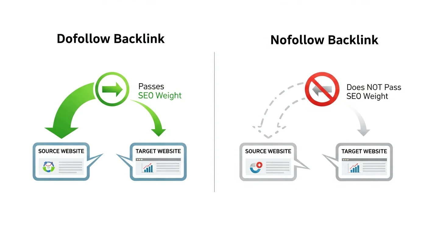 Dofollow vs Nofollow 連結比較圖，展示兩種連結的代碼差異和對 SEO 的影響