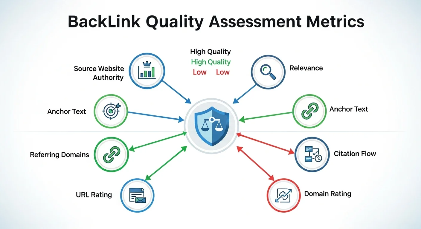 連結品質判斷標準圖，展示 DA/DR、相關性、位置、錨文字等品質評估指標