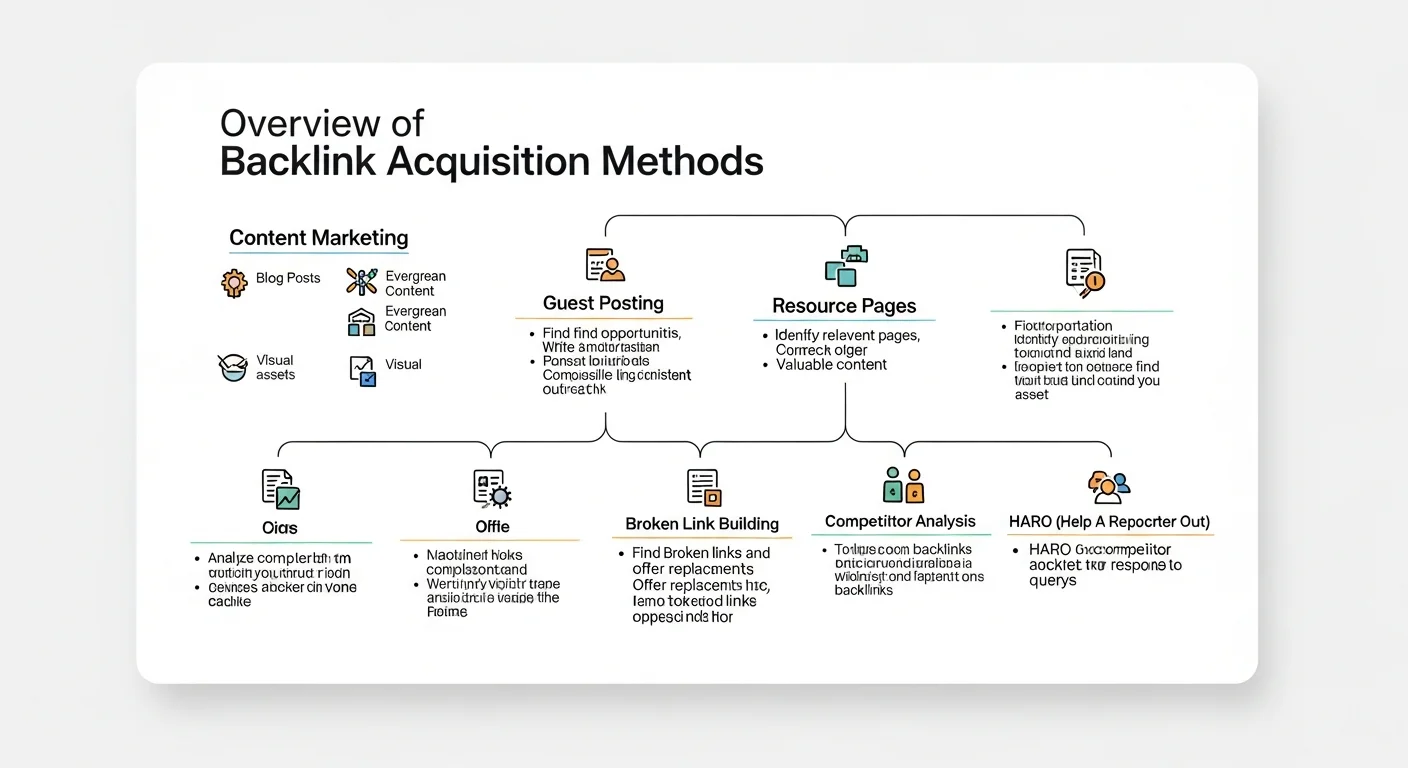 獲得反向連結的方法圖，展示創造內容、建立關係、主動外展、競爭分析等主要策略