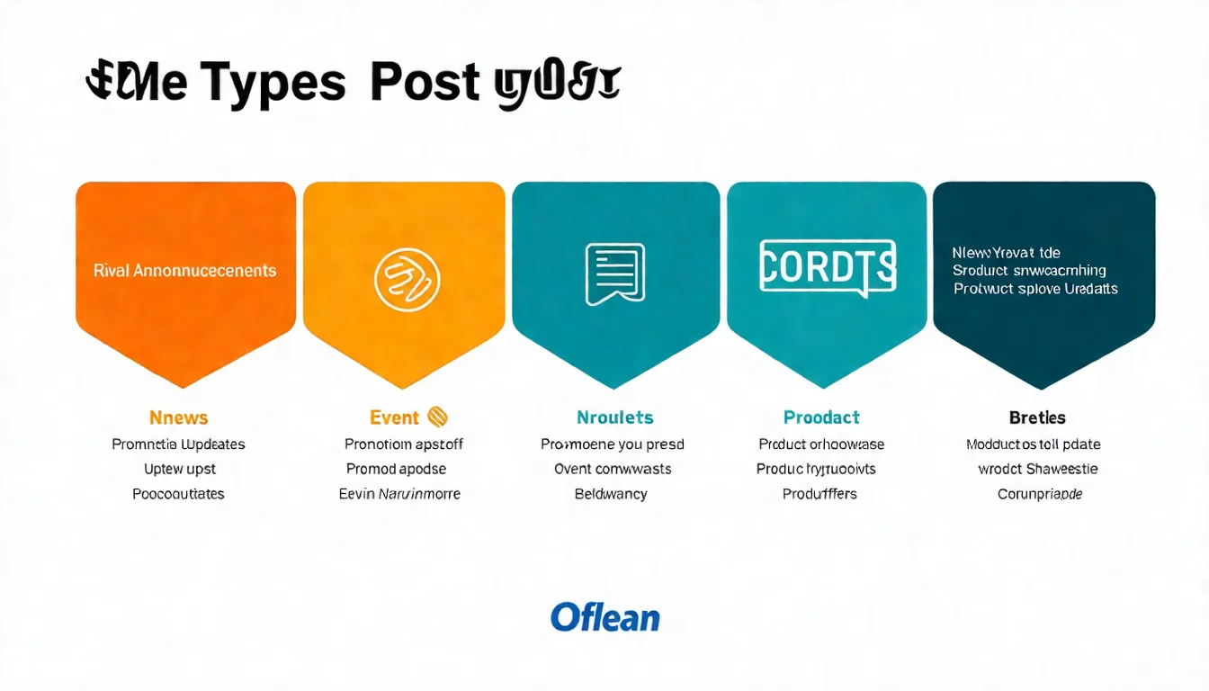 Google 商家貼文類型示意圖，展示最新動態、活動、優惠、產品四種貼文類型及各自特點