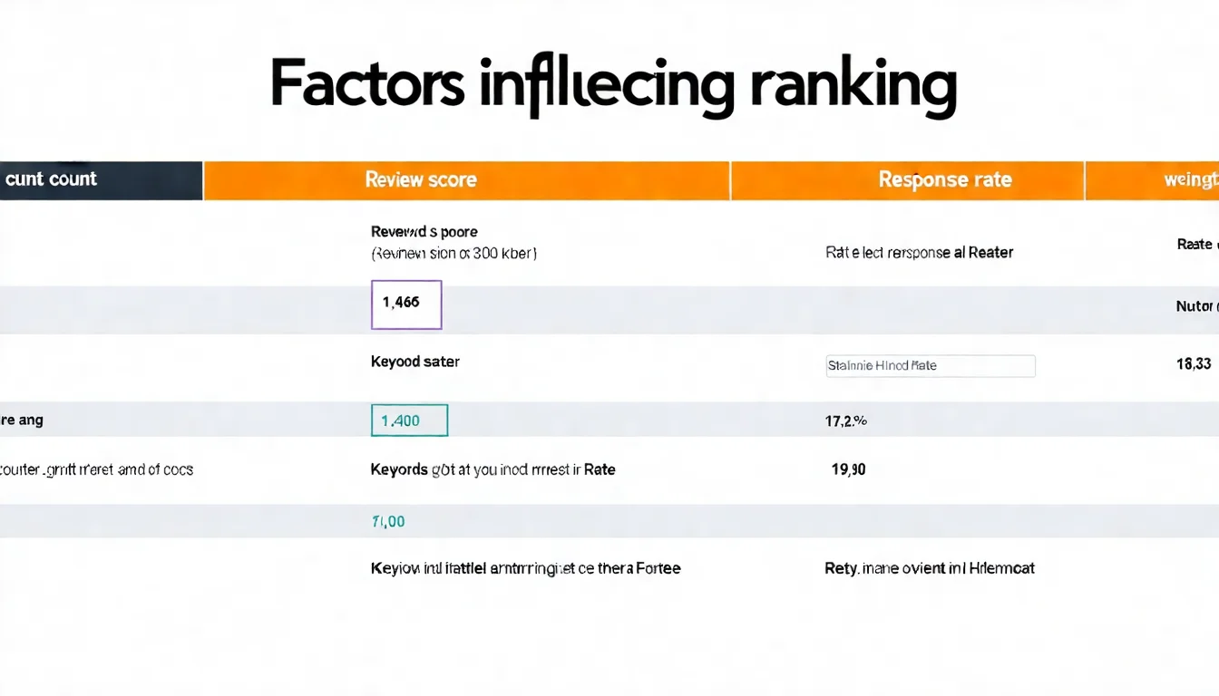 評價對搜尋排名影響因素表，以視覺化圖表呈現評價數量、評價分數、新鮮度、內容關鍵字、回覆率對排名的影響程度