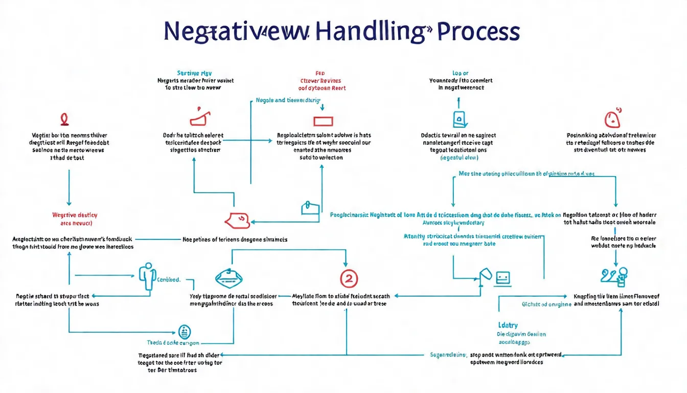 負評處理流程圖，展示收到負評後的處理步驟：深呼吸→了解經過→評估情況→決定處理方式→回覆或檢舉