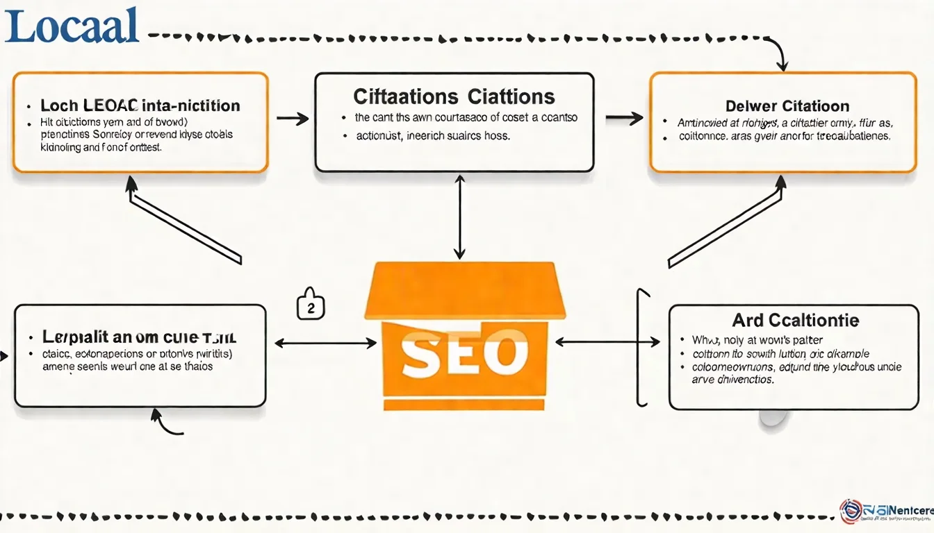 本地引用概念圖，展示商家 NAP 資訊出現在 Google、Facebook、Apple Maps、黃頁等多個平台的示意