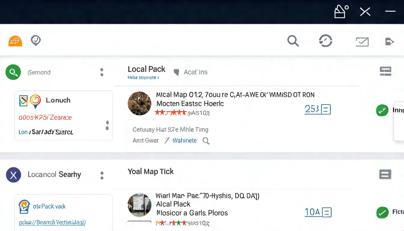 在地 SEO 搜尋結果示意圖，展示搜尋「附近餐廳」時出現的地圖包（Map Pack）、店家資訊卡片、評價星級等完整介面