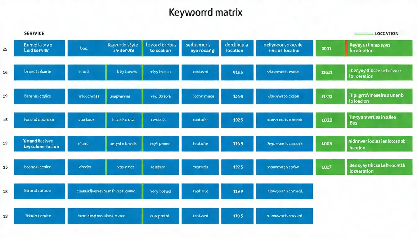 地區+服務關鍵字矩陣表，展示如何將地區（台北、信義區、大安區）與服務（牙醫、洗牙、植牙、矯正）交叉組合成目標關鍵字群