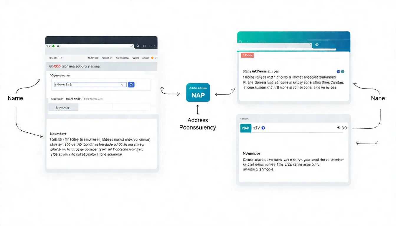 NAP 一致性示意圖，展示網站、Google 商家檔案、Facebook、目錄網站等各平台的商家名稱、地址、電話應保持完全一致