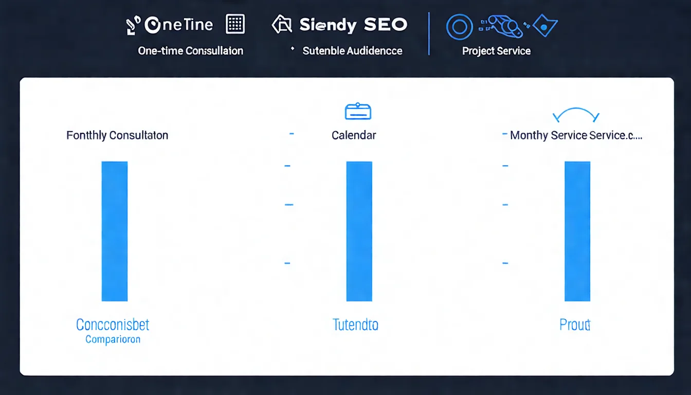 SEO 服務類型比較圖，三欄對比：「一次性顧問」（報告圖示）、「月費服務」（月曆圖示）、「專案服務」（目標圖示），每欄列出特點和適合對象，配色使用不同深淺的藍色區分