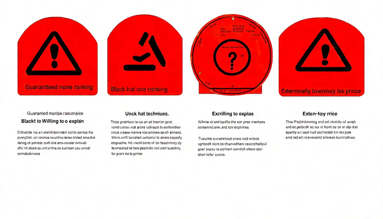 SEO 公司選擇紅旗警示圖，四個紅色警示標誌：「保證第一名」「黑帽手法」「不願說明」「價格過低」，每個標誌下方有簡短說明，整體風格使用紅色系提醒注意
